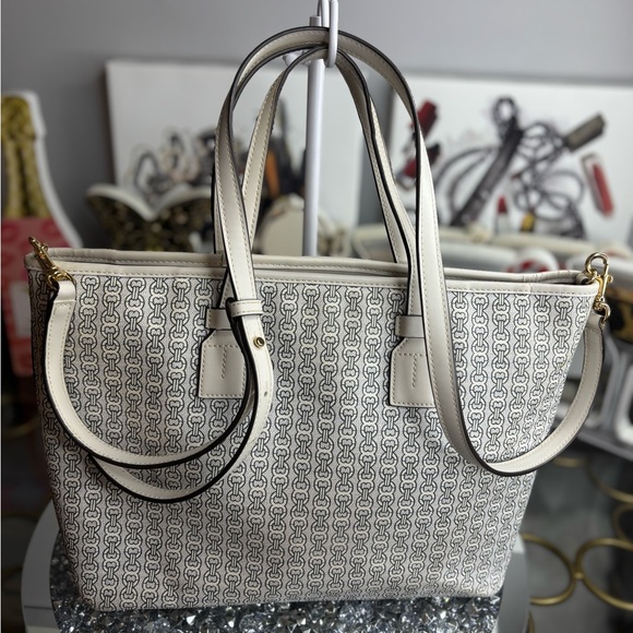 Tory Burch Small Gemini Link Canvas Tote Ivory Gemini link and stripe motif EUC - Picture 4 of 13